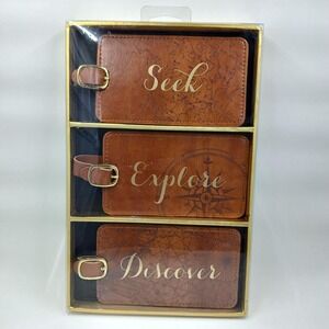 Eccolo Faux Leather Travel Luggage Tag Gift Set Brown Seek Explore Discover